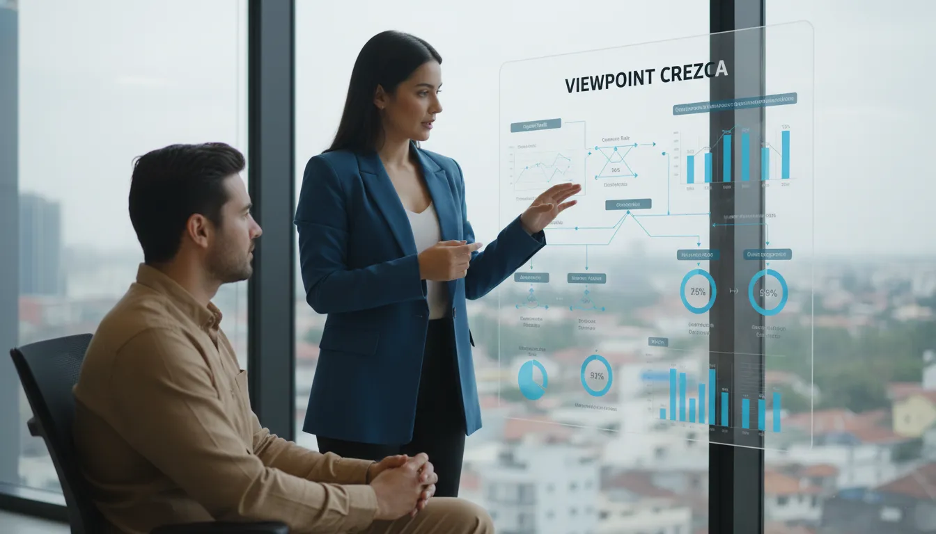 Estrategista de marketing digital apresenta funis de crescimento e dados de marketing, representando o planejamento de marketing da empresa para o crescimento no setor de bem-estar.