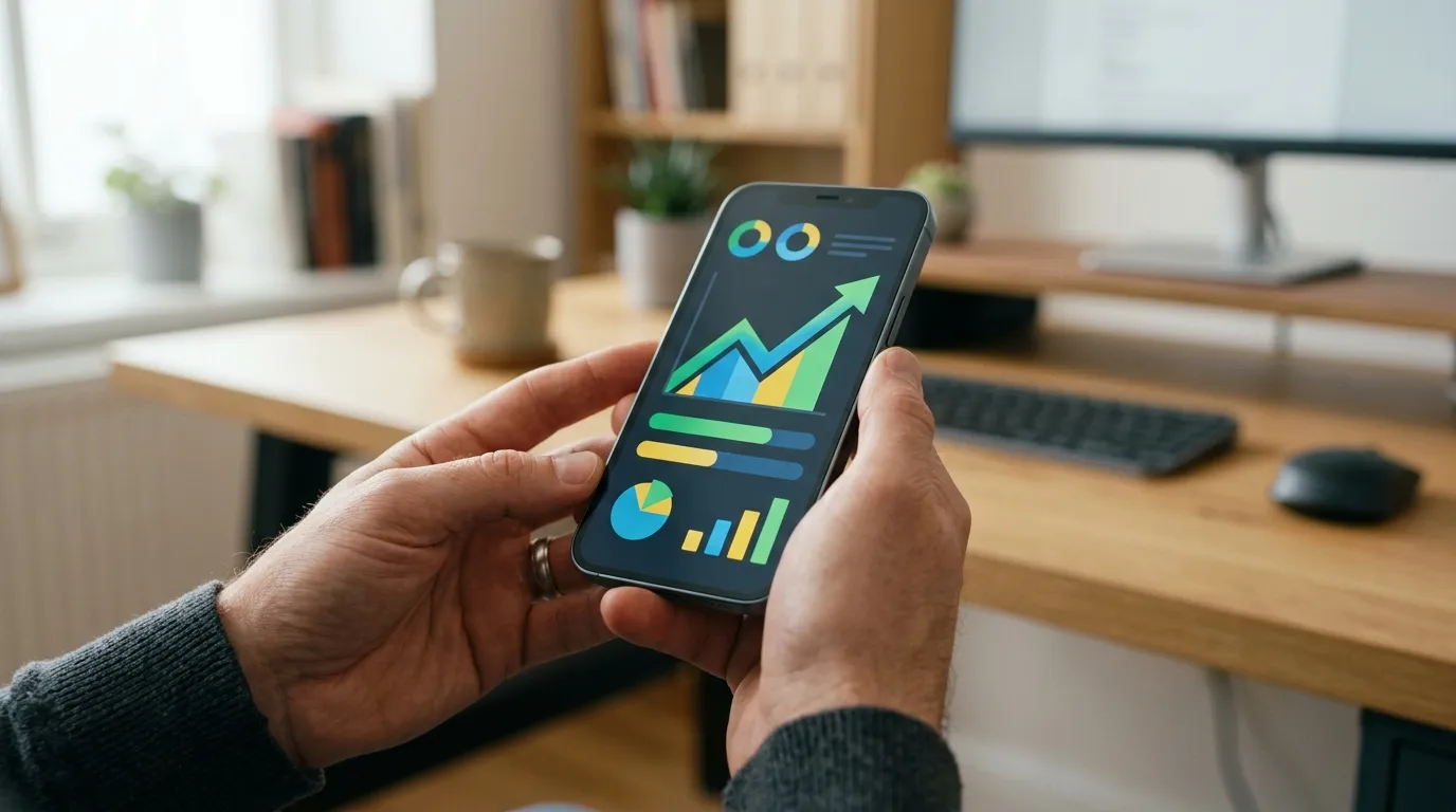 Celular exibindo gráficos de planejamento mostrando como reorganizar dívidas pessoais com sucesso.