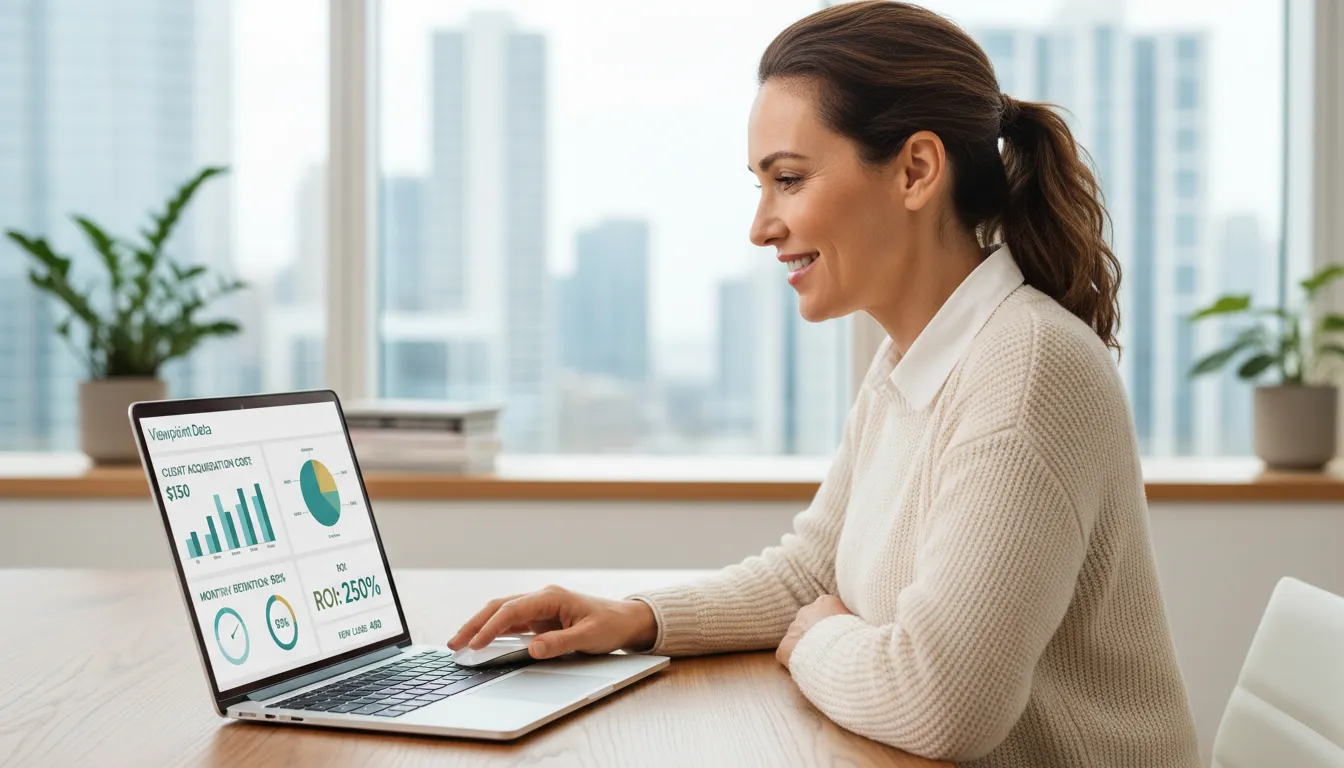 Mulher analisando painel de dados em seu laptop, representando o sucesso das mensagens para whatsapp e o retorno sobre o investimento (ROI) com a Viewpoint.