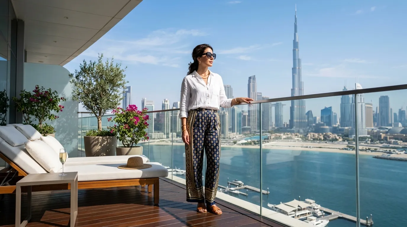 Viajante elegante aproveitando roteiro personalizado em terraço luxuoso em dubai