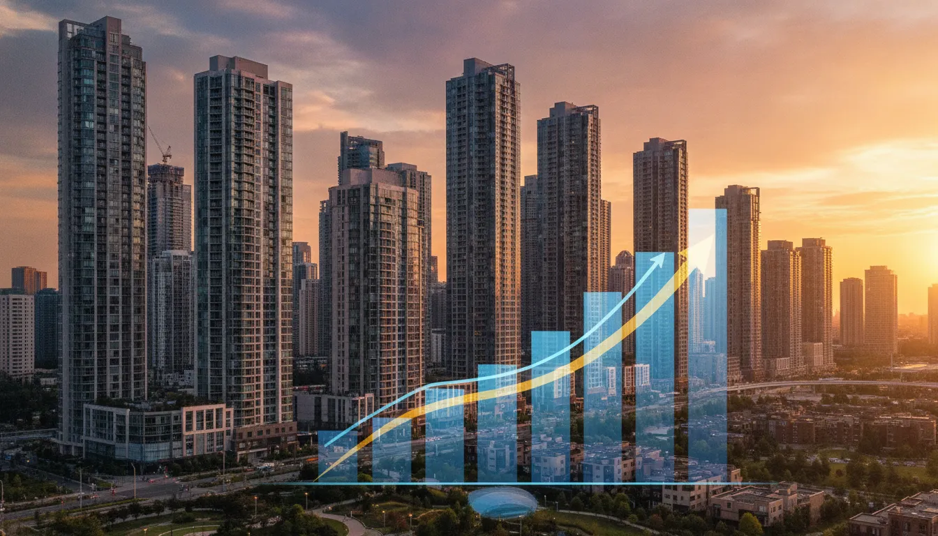 Vista aérea cidade ao anoitecer, edifícios residenciais, simbolizando sucesso financiamento para elevadores e projetos.