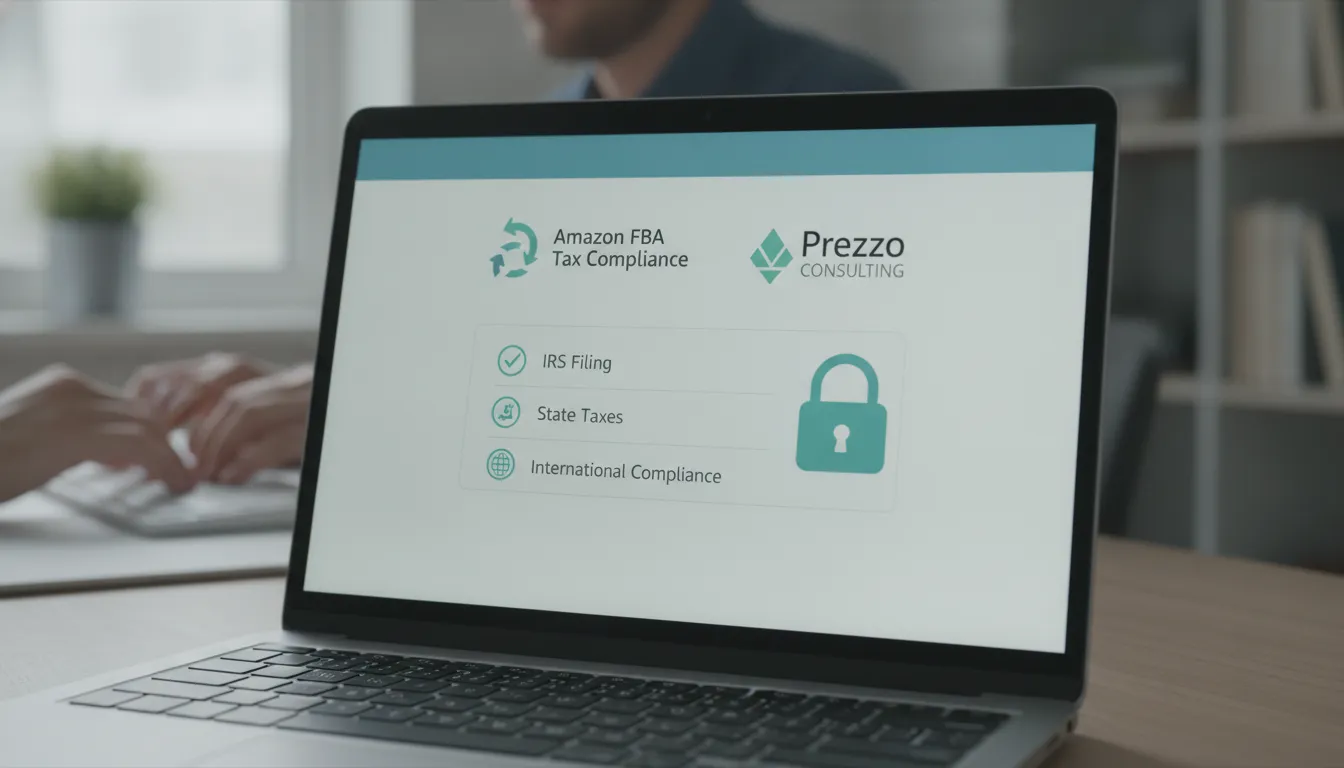 Dashboard digital seguro mostra conformidade fiscal Amazon FBA, com Prezzo Consulting garantindo imposto EUA.