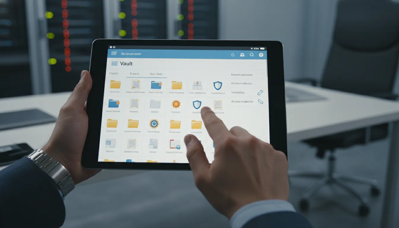 Interface de tablet exibe certificados digitais clientes organizados em pastas seguras, com rastreabilidade e controle de acesso.