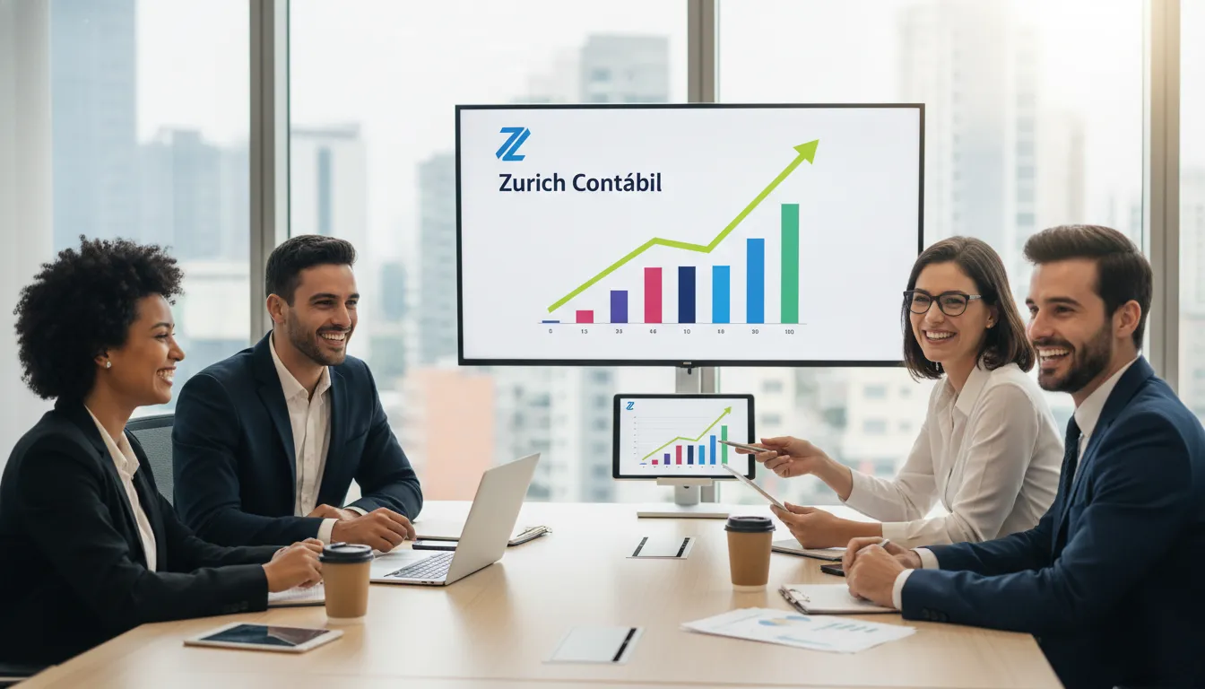 Profissionais diversos colaborando em torno de gráficos de crescimento, impulsionados pelo reenquadramento simples nacional facilitado pela Zurich Contábil.