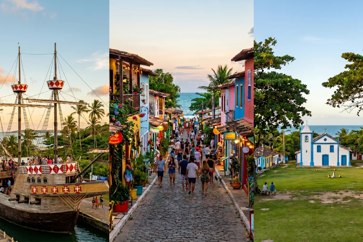 Comparativo visual entre Porto Seguro, Arraial d'Ajuda e Trancoso, ideal para planejar sua viagem para Porto Seguro e escolher o melhor destino.