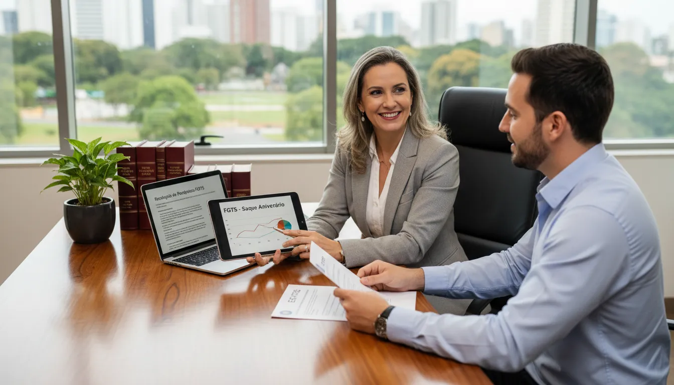 Advogado orienta cliente sobre FGTS em escritório acolhedor com livros jurídicos e dispositivos digitais.
