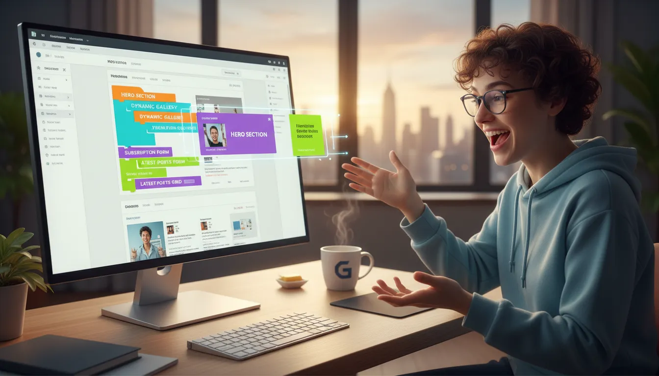 WordPress 2026: As Novidades e Como Aproveitar 1 Pessoa editando site com Gutenberg 2026, arrastando blocos coloridos em tela moderna