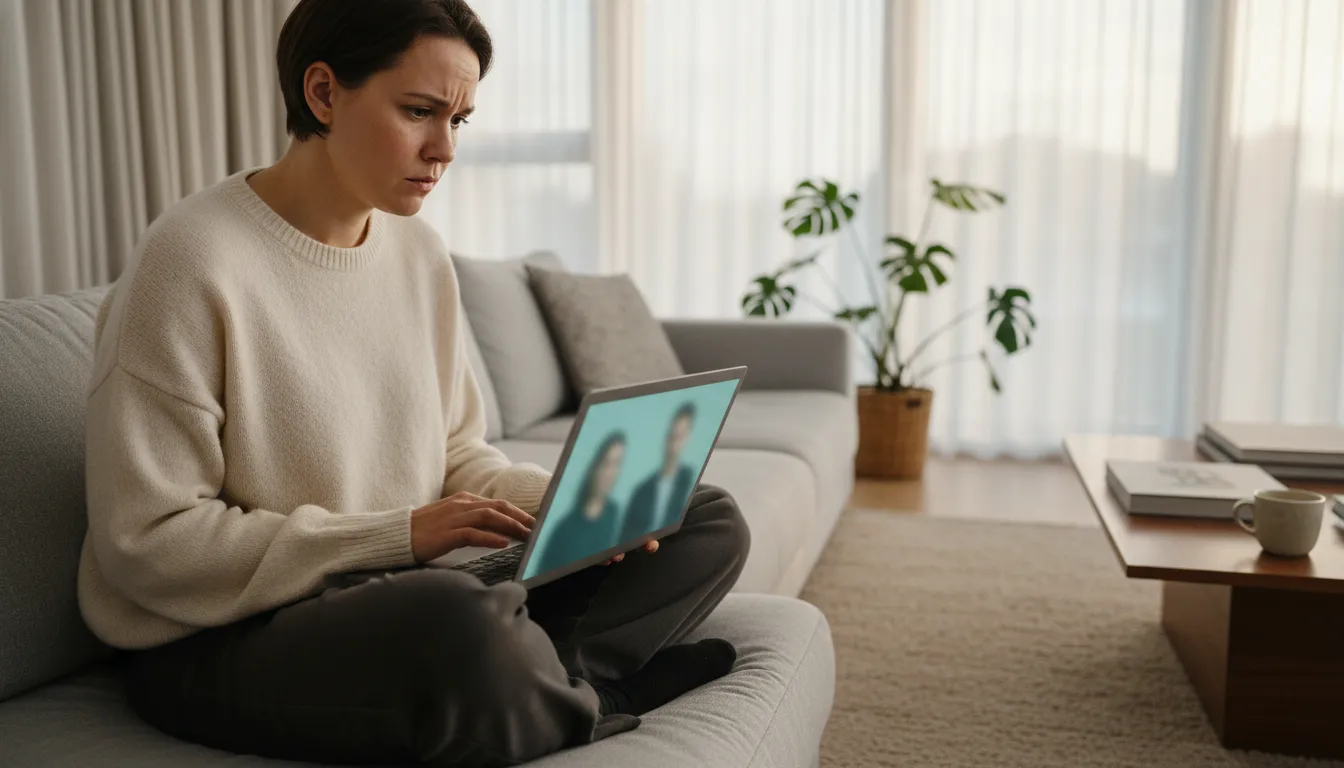 Pessoa em casa buscando terapia online para ansiedade silenciosa e bem-estar.