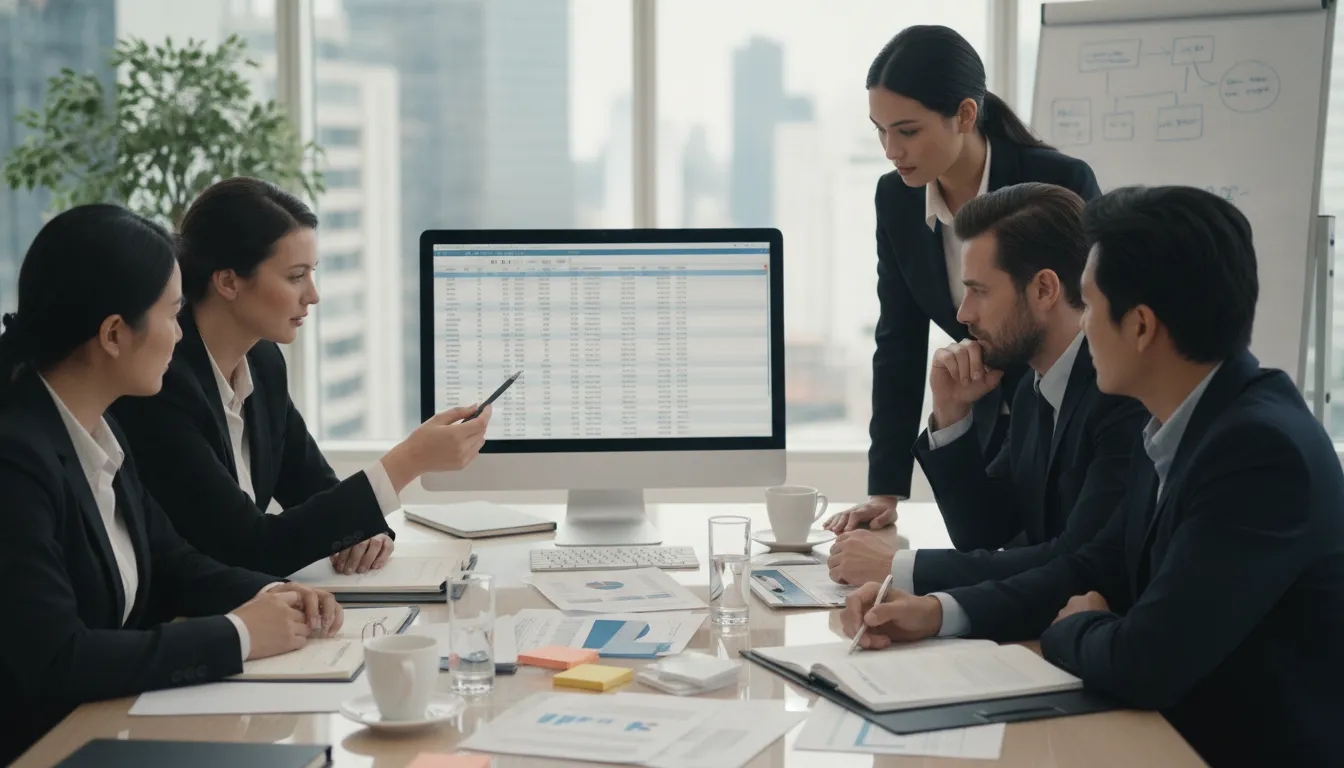 Equipe de consultores discutindo documentos financeiros, essencial para abrir empresa nos EUA sendo canadense.
