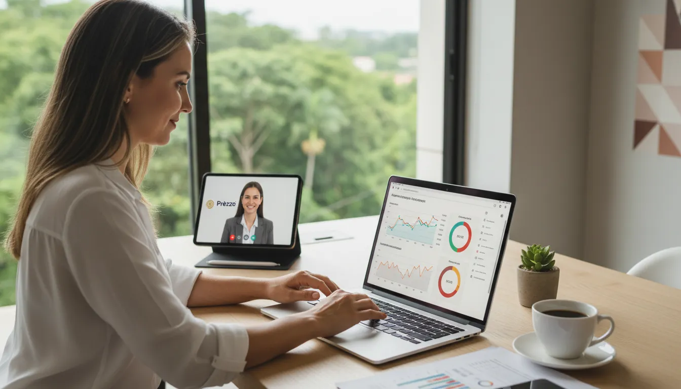 Emprendedor gestionando finanzas digitales con apoyo de una oficina de contabilidad en Brasil.