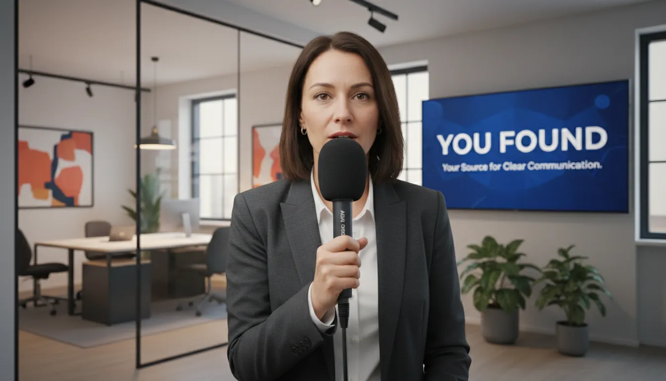 Pessoa apresentando em frente à câmera com um microfone para gravar vídeo profissional, destacando áudio claro para credibilidade da mensagem.
