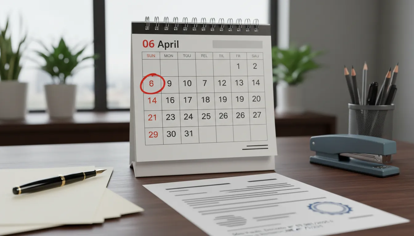 Calendário marcando o dia 6 de abril de 2026 em São Paulo, referente ao inicio da obrigação cBenef, conforme o decreto.