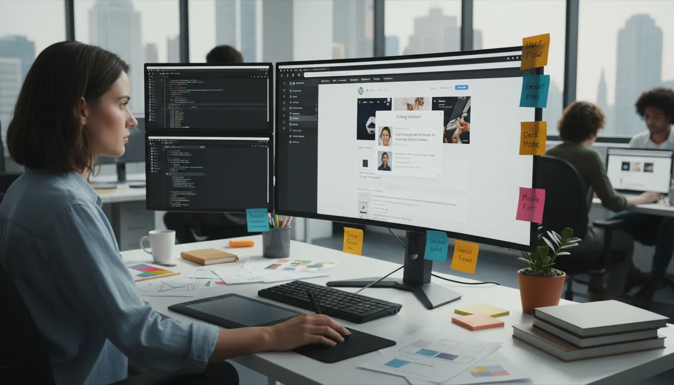 IA para Criar Sites: Vale a Pena? Análise Honesta 2026 3 Designer web profissional usando IA e WordPress em escritório vibrante, destacando colaboração criativa.