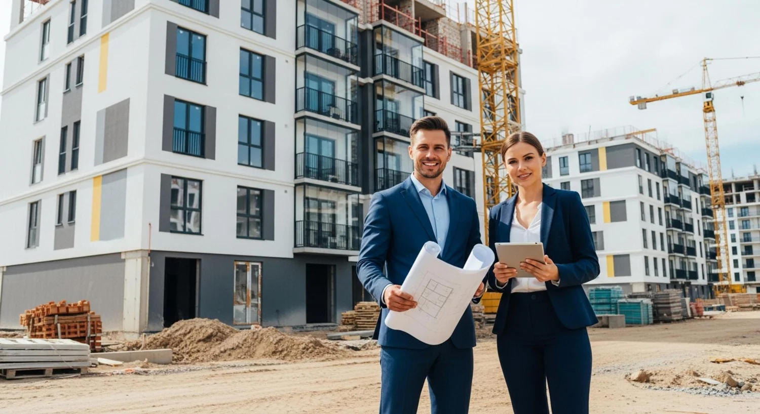 Canteiro de obras ao pôr do sol, com foco no progresso da construção de imoveis na planta residenciais.