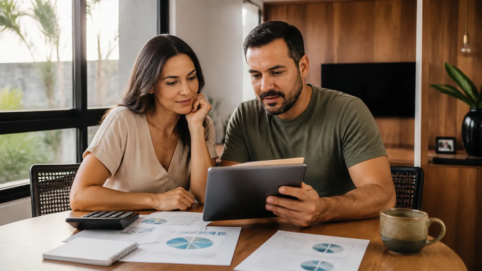 Casal calculando impacto do refinanciamento no orcamento familiar com tranquilidade.