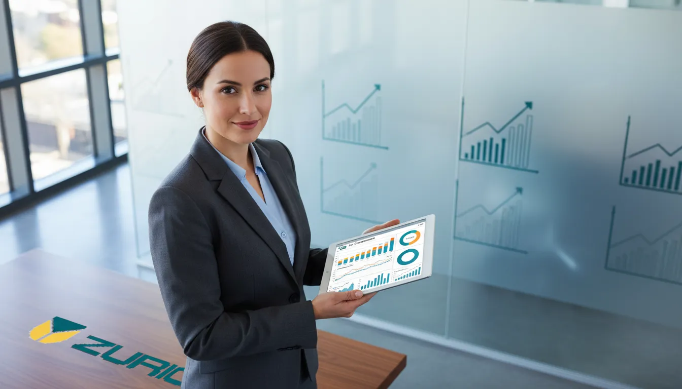 Executiva confiante analisando dados financeiros da dirf em um tablet.