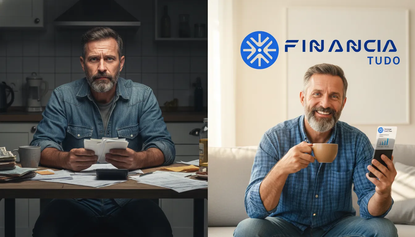 Comparação de motorista de caminhão estressado antes e relaxado depois do refinanciamento de caminhão para fluxo de caixa com a Financia Tudo.