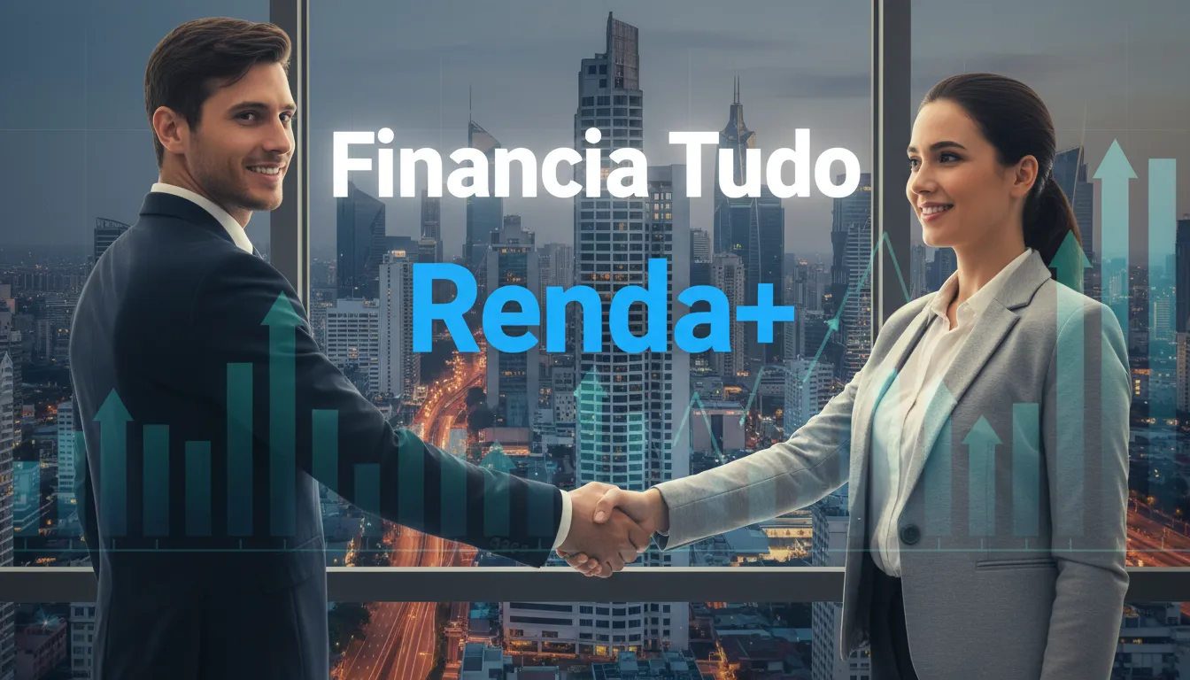 Aperto de mão confiante representando sucesso em investimentos de renda fixa, com um cenário urbano e a marca Financia Tudo ao fundo.