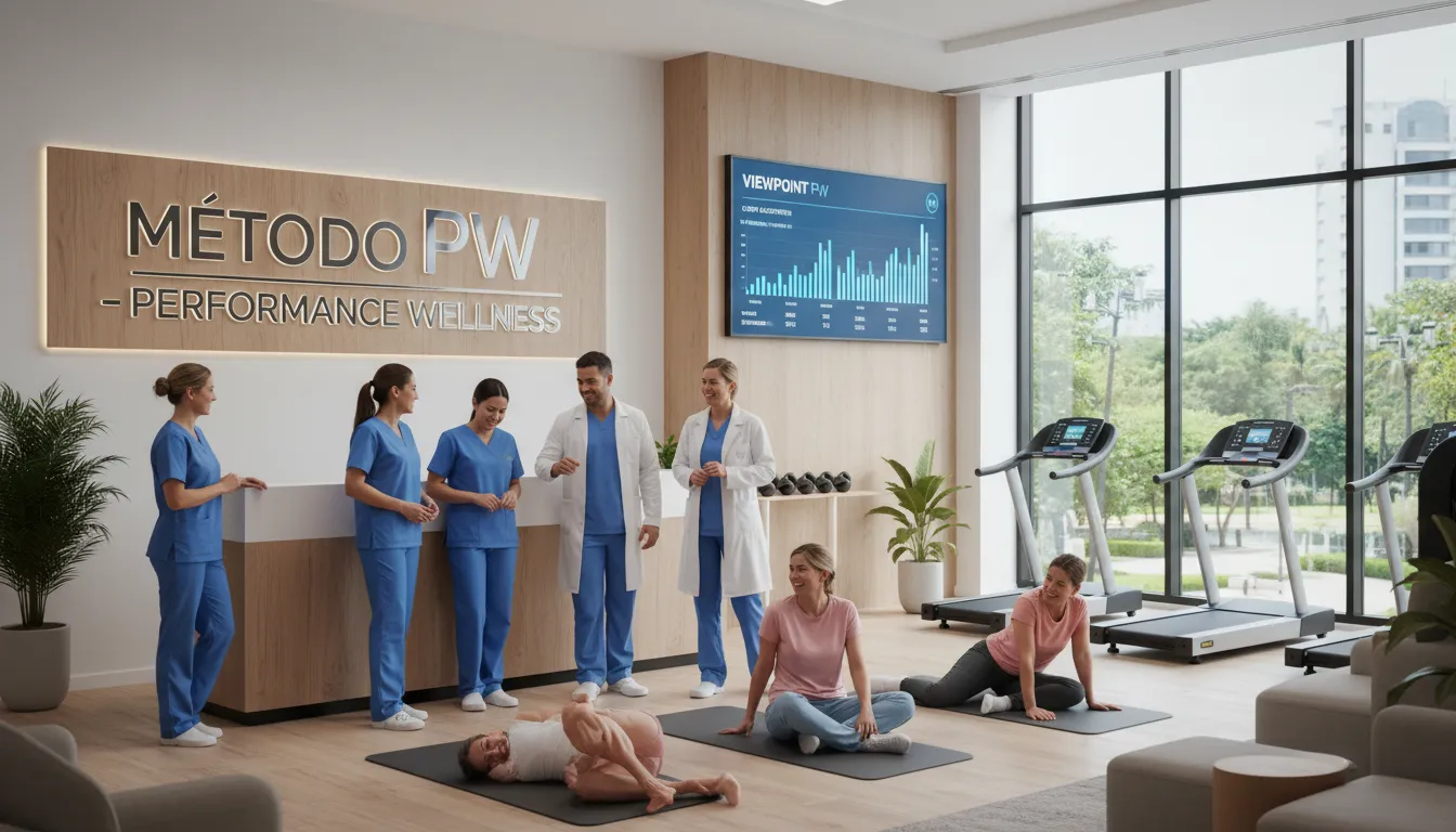 Ilustração da diferença marketing vendas com uma clínica wellness movimentada e painel digital exibindo métricas de aquisição de clientes, destacando o Método PW.