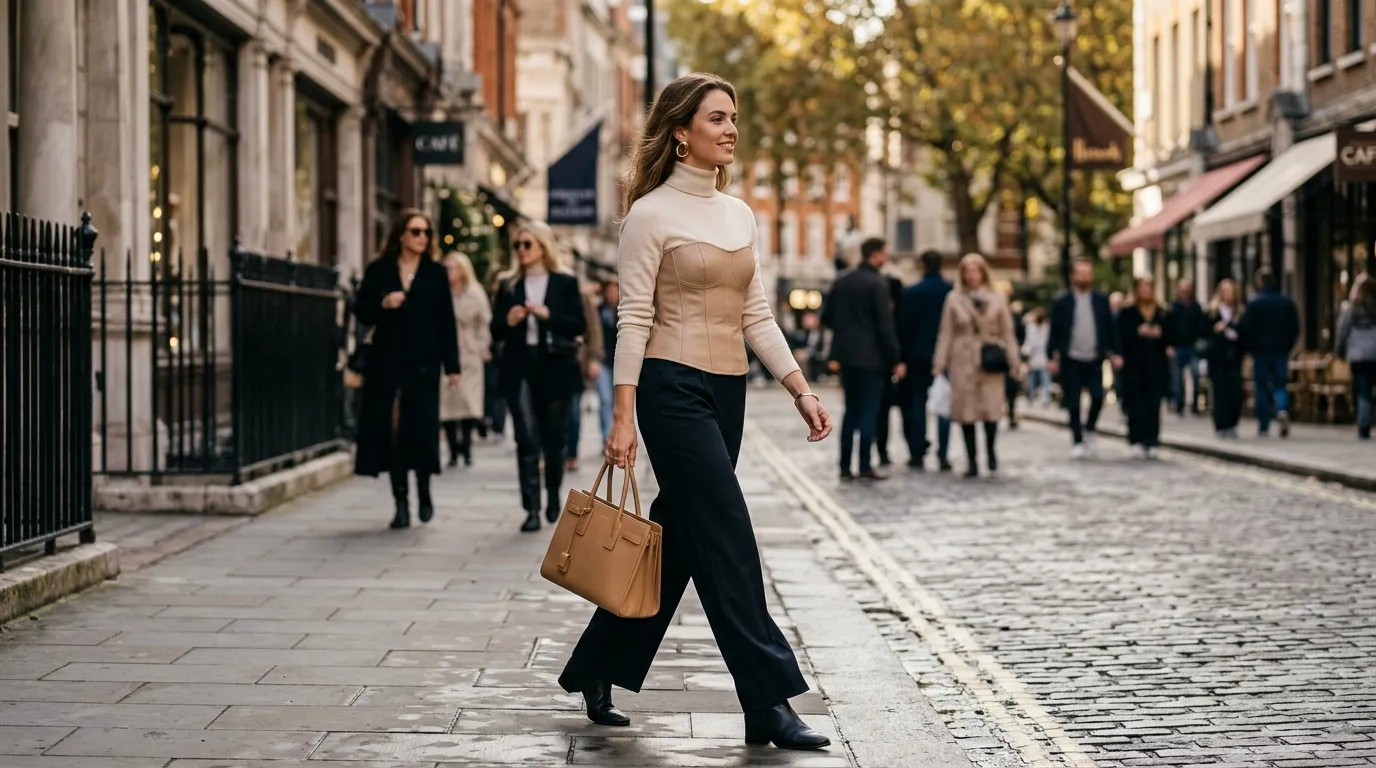 Look casual chique com corset bege e joias douradas ilustrando 5 jeitos de criar composicoes.