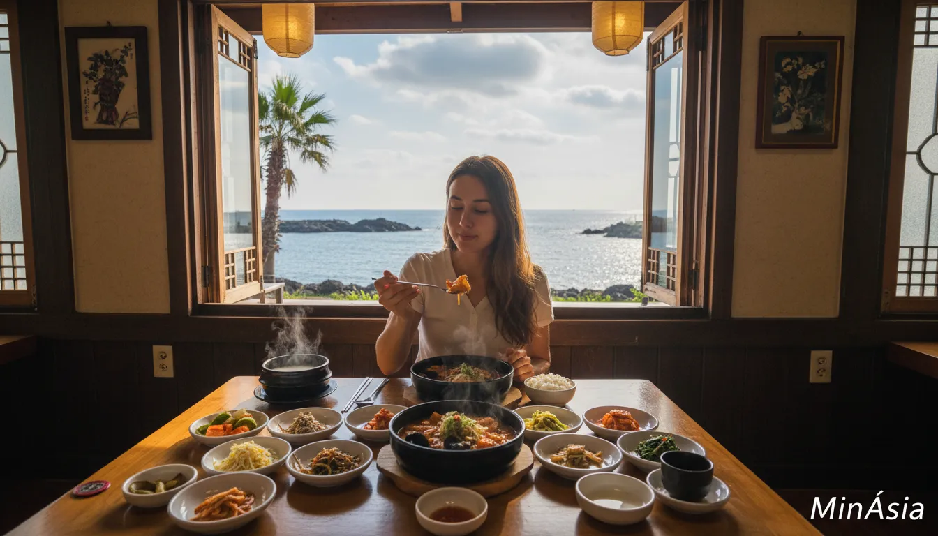 Turista saboreando uma refeição tradicional coreana na ilha de Jeju, com vista para o oceano. Descubra os sabores da Coreia do Sul com a MinÁsia.