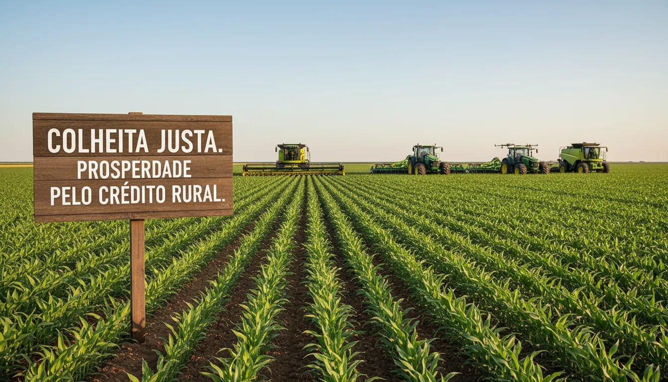 Plantação produtiva com tratores, ilustrando crescimento sustentável após solução de crédito rural.