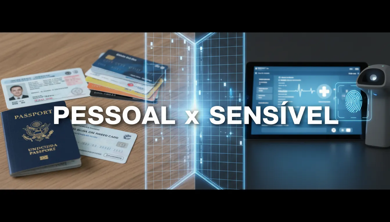 Tela dividida mostrando documentos pessoais e registros médicos, ilustrando a diferença entre dado pessoal e sensível.