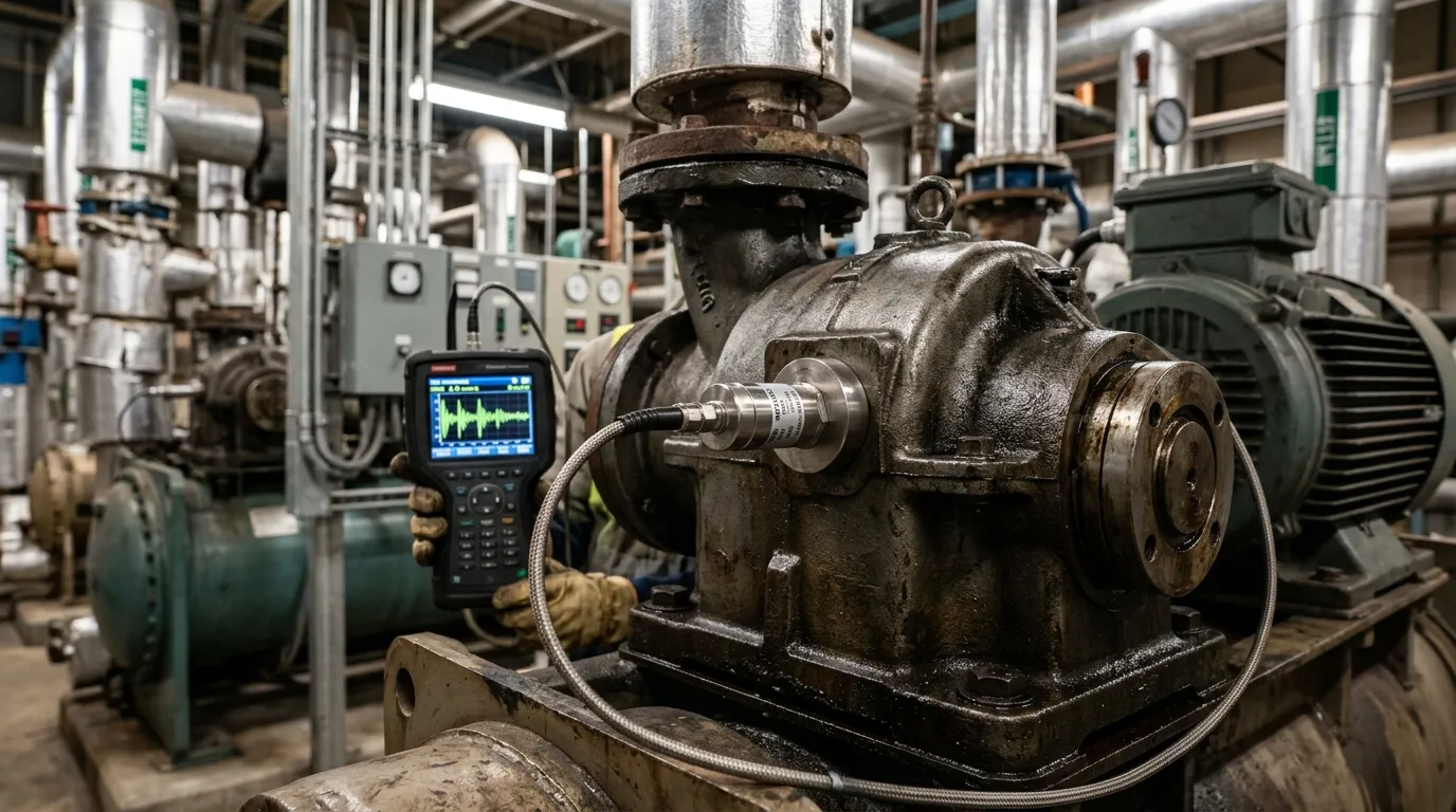 Sensor para análise de vibração acoplado a mancal de equipamento rotativo industrial.