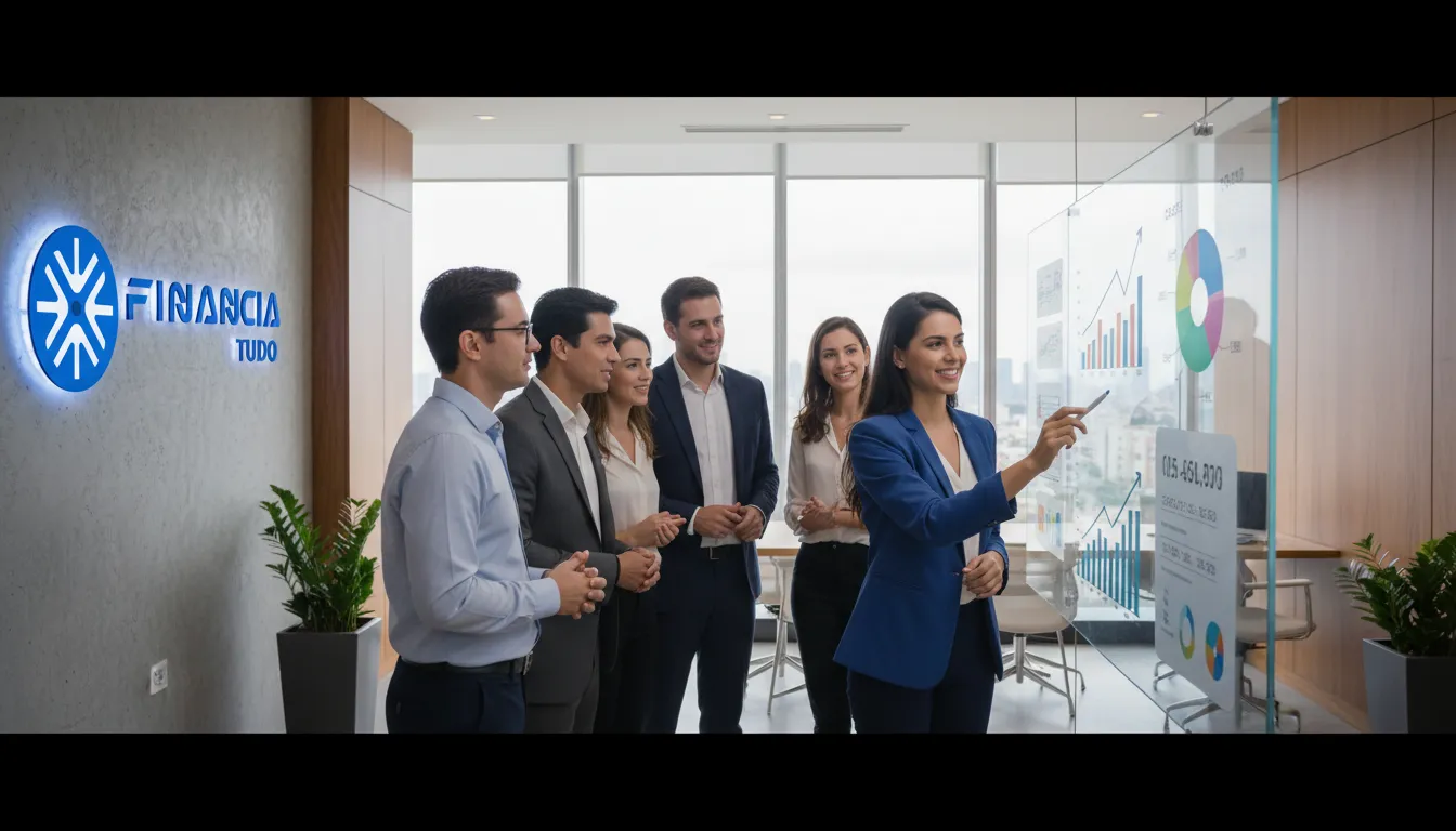 Consultor da Financia Tudo apresentando opções de crédito para autônomos com garantia aprovação em reunião de planejamento financeiro.