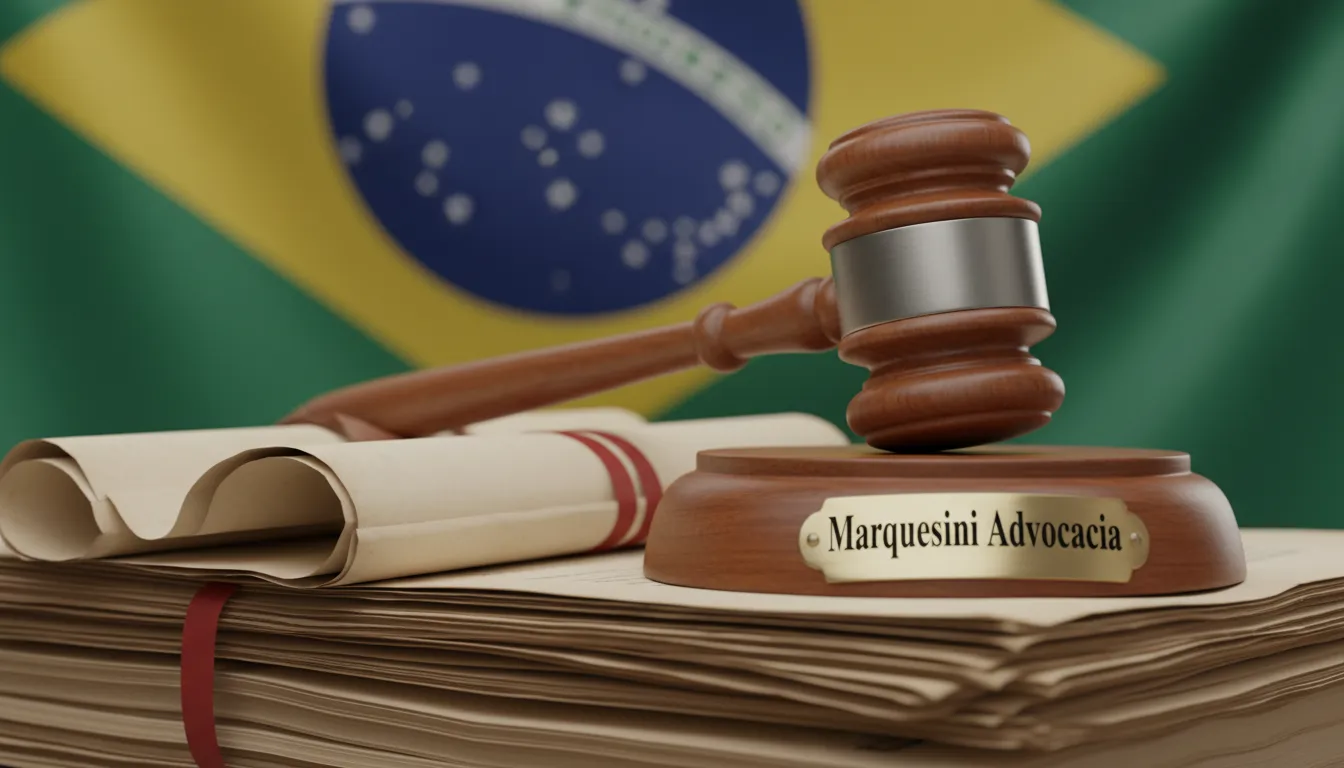 Um martelo de juiz sobre documentos legais, simbolizando a autoridade da Marquesini Advocacia em questões de Crédito de imposto e direito empresarial.