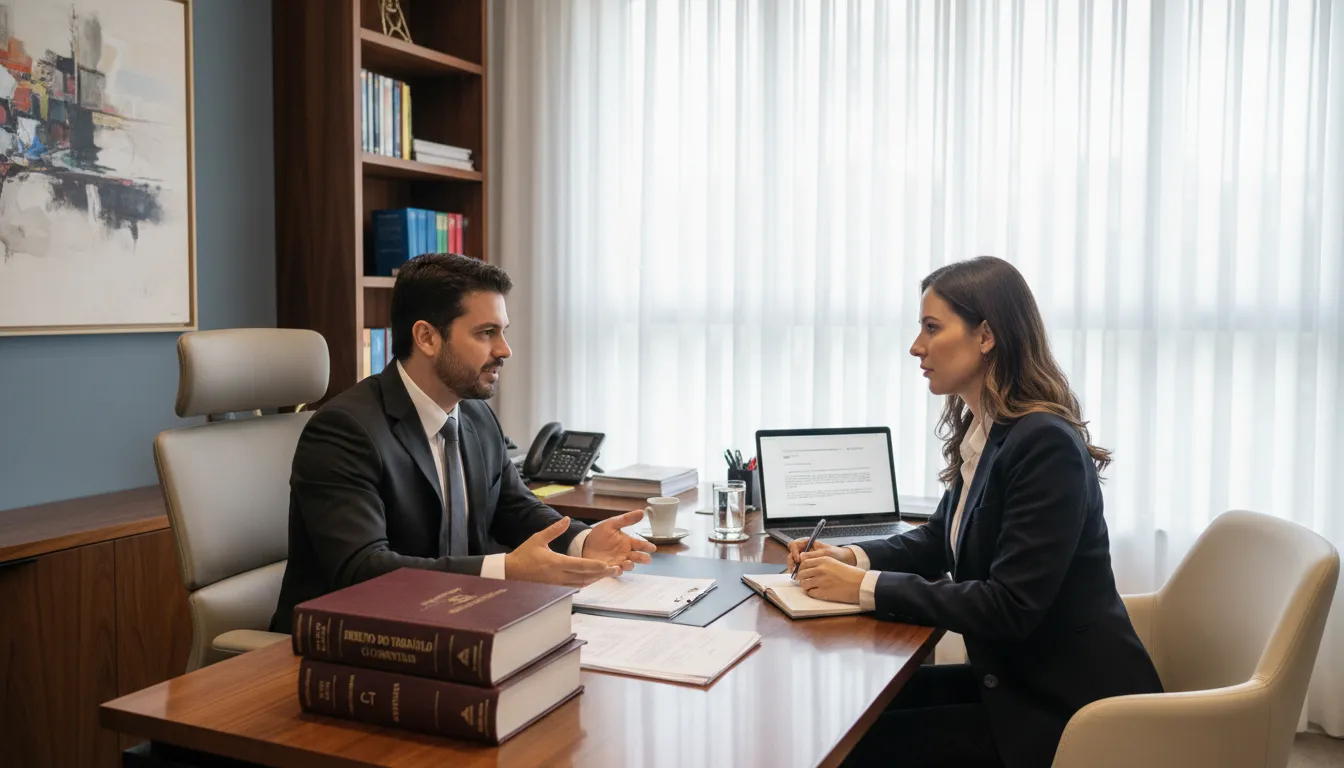 Advogado trabalhista orientando cliente sobre cálculo e recebimento de verbas rescisórias em escritório