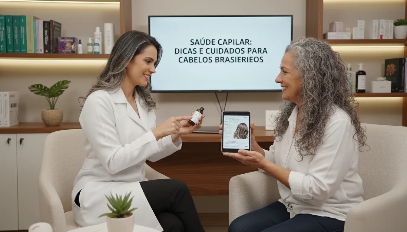 Dermatologista orientando mulher madura sobre cuidados capilares em consultório acolhedor