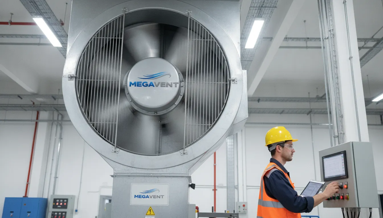 Ventilador exaustor industrial potente MegaVent, essencial para climatização industrial e renovação do ar em fábricas.