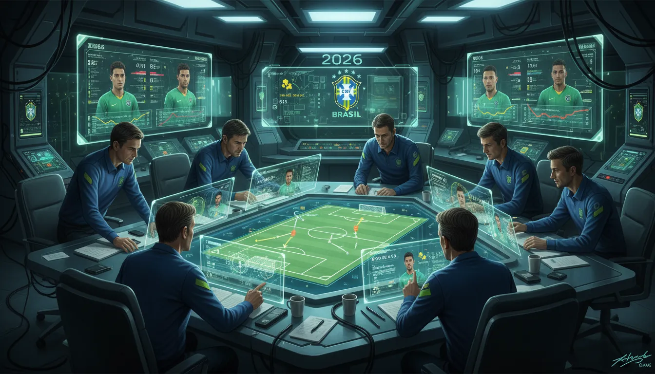 Sala tática futurista planejando a escalação Brasil para a Copa 2026 com estatísticas e análises detalhadas.
