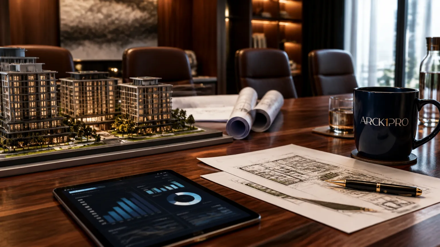 Mesa de governança corporativa com maquete e planejamento para investimento imobiliário.