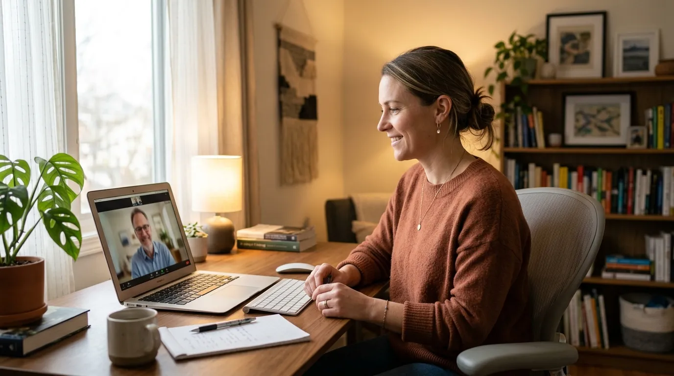Professora em terapia online buscando apoio para a saude mental de professores.