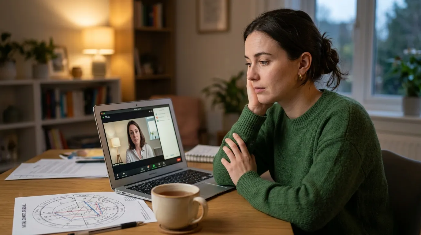 Mulher reflete sobre seu mapa astral durante uma consulta de psicologia online.