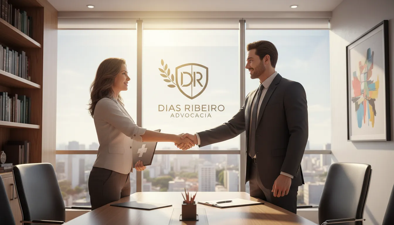 Cliente apertando a mão de advogado em Feira de Santana após consulta sobre plano de saúde.