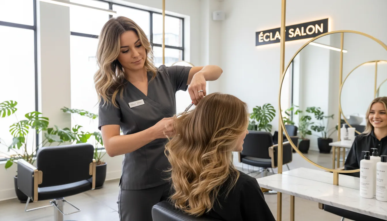 Profissional corta cabelo ondulado e volumoso em salão, destacando corte em camadas e caimento leve.