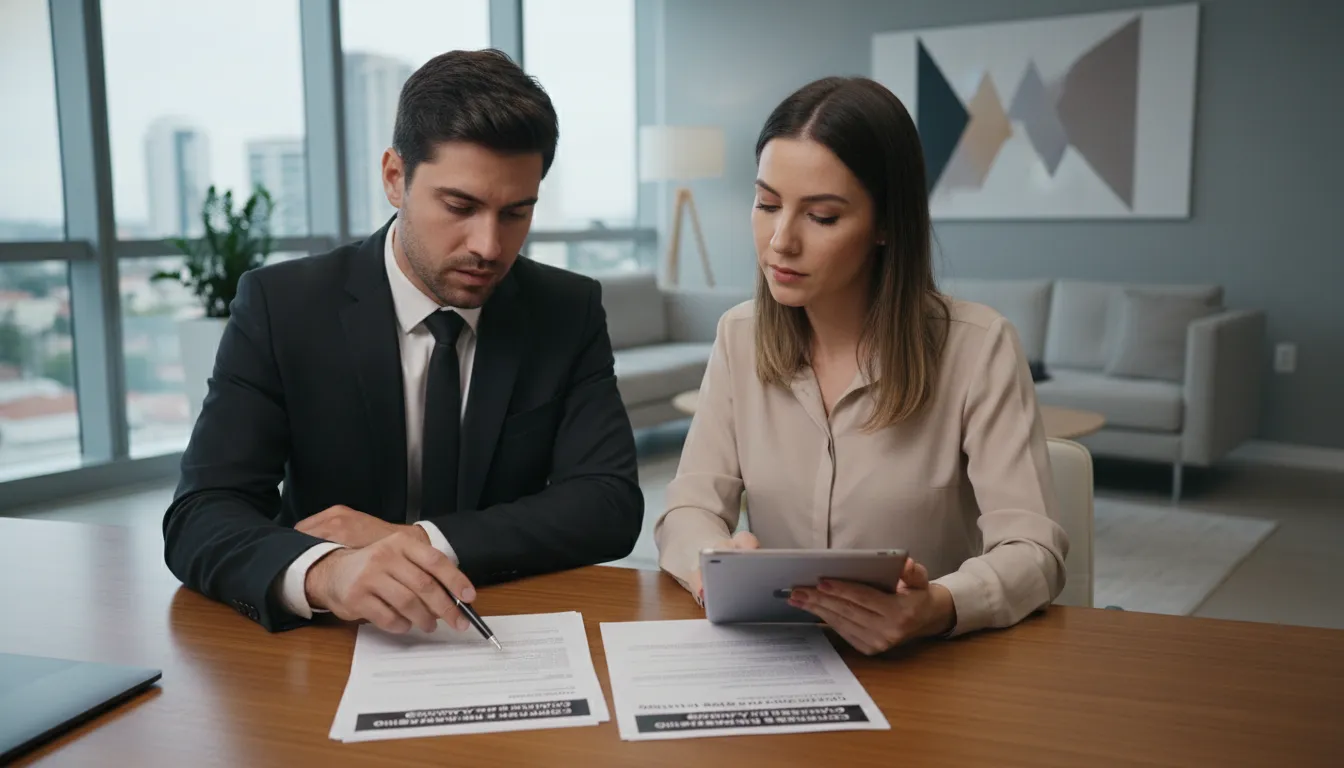 Agente e cliente revisam documentos de empréstimo e garantia automotiva em escritório bem iluminado.