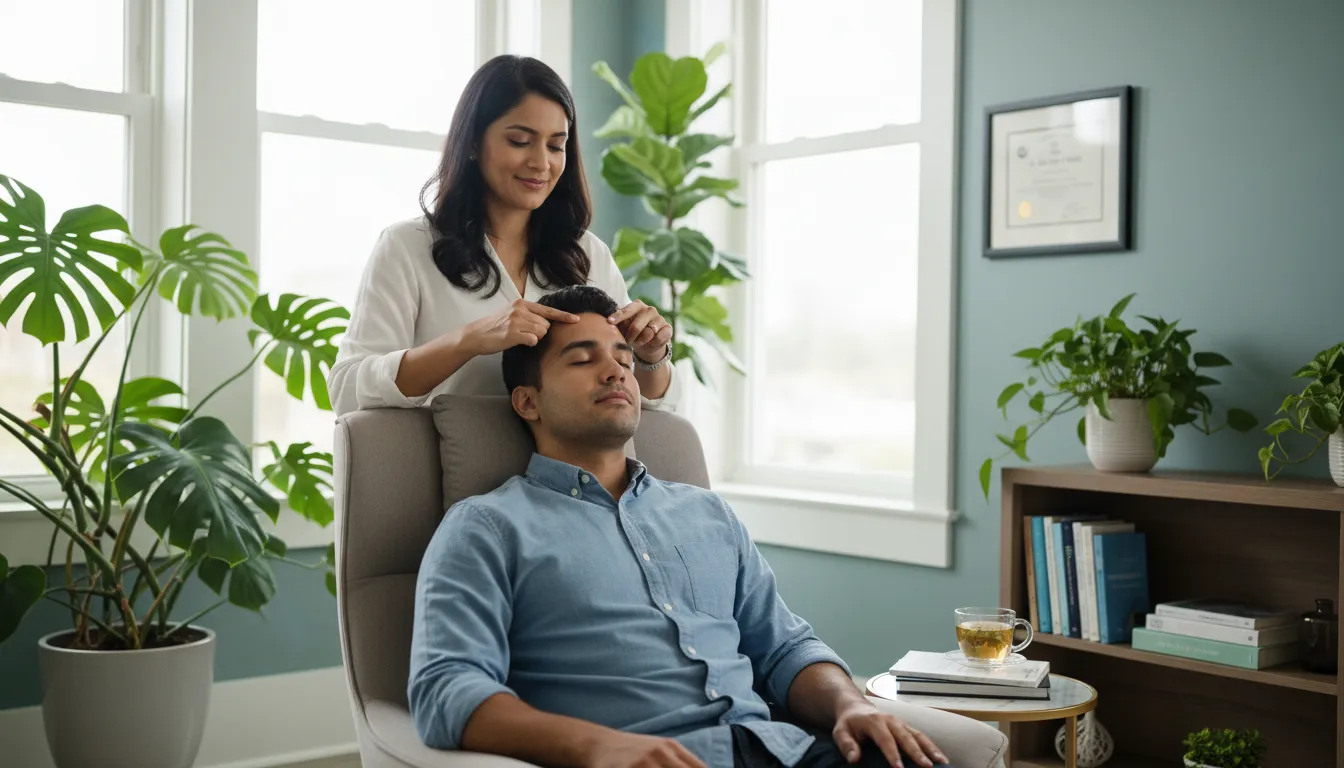 Terapeuta aplicando método de Barra de Access em paciente, ambiente acolhedor.