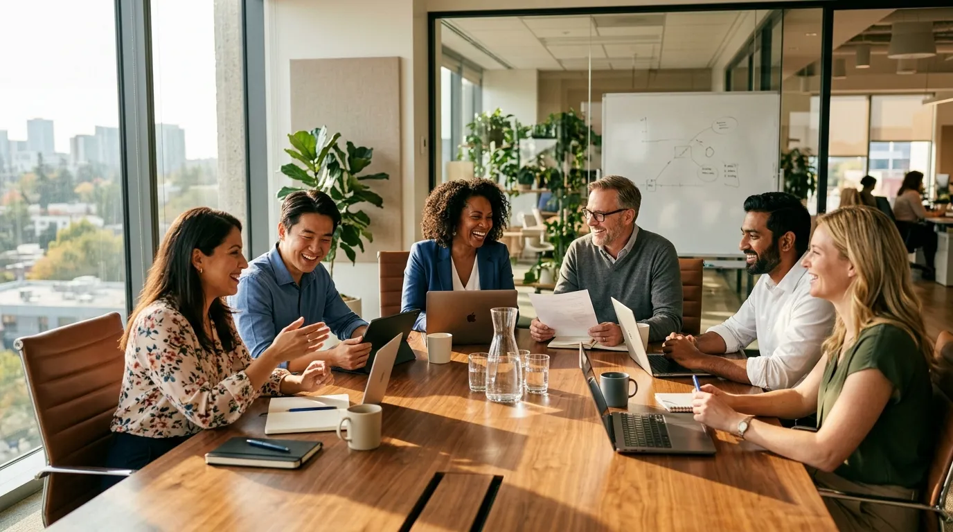 Equipe reunida promovendo um ambiente colaborativo e de boa saúde mental no trabalho.