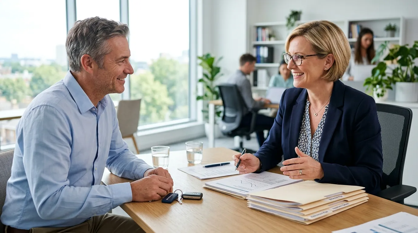 Consultor orientando cliente sobre os principais motivos para recusa de refinanciamento de veículo.
