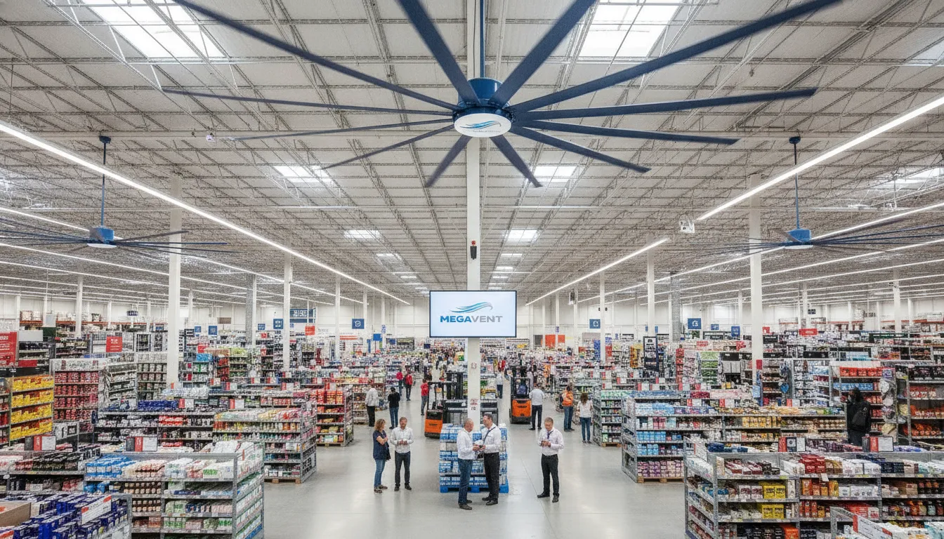 Múltiplos ventiladores MegaVent em grande espaço comercial, otimizando conforto e consumo ventilador industrial.