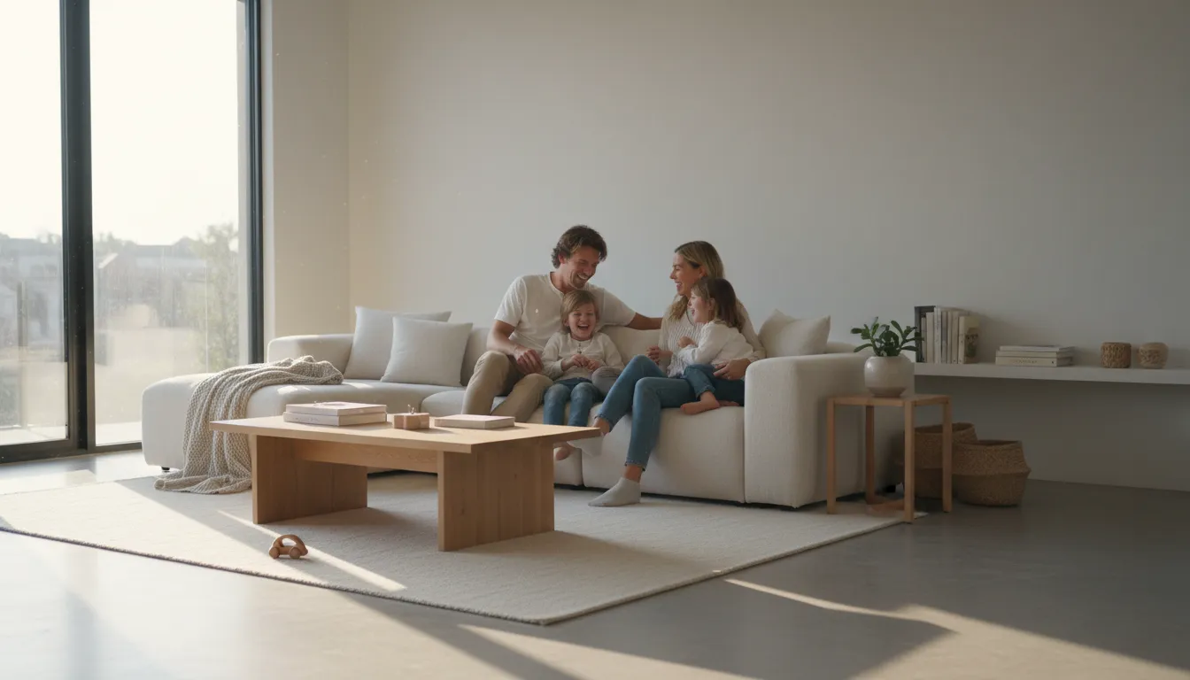 Família relaxando em sala minimalista, mostrando qualidade de vida e ambiente harmonioso com poucos objetos.