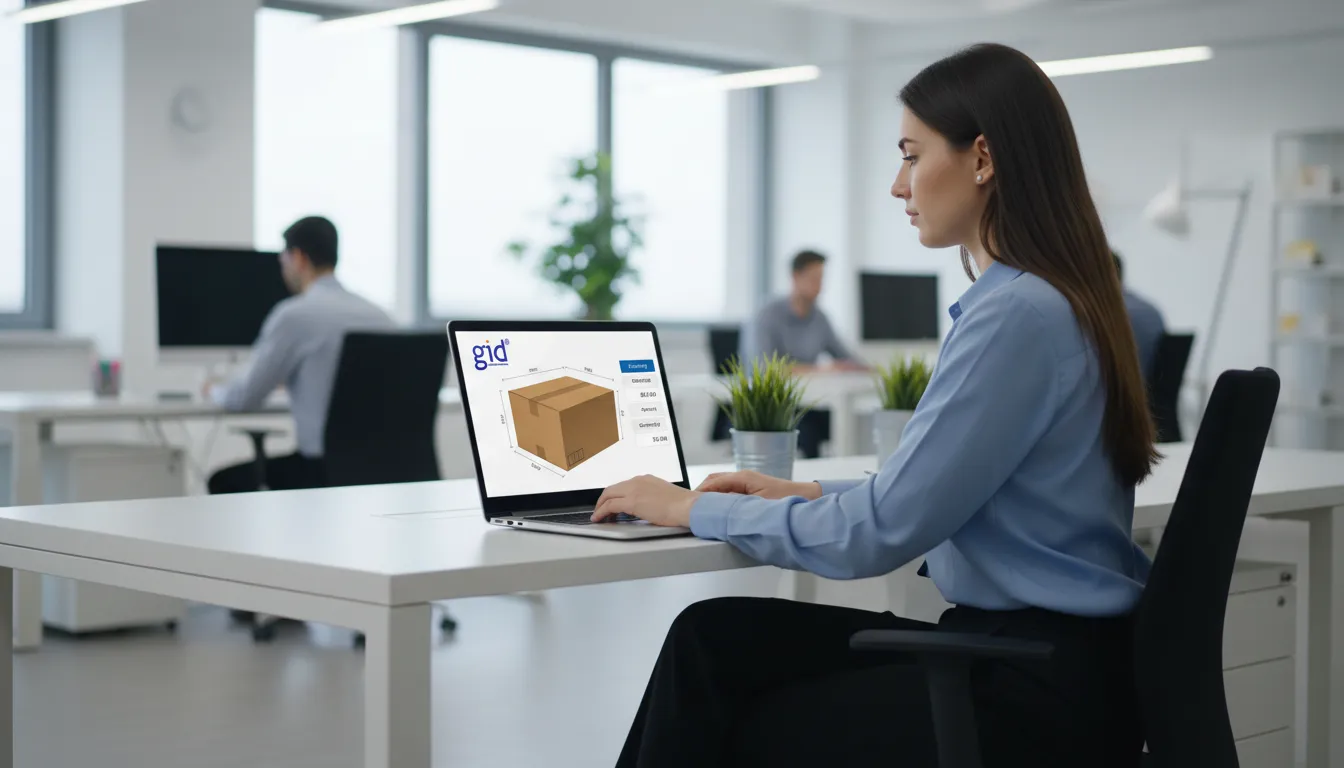 Software exibindo dimensões ideais de caixa embalagem para envio, com opções de frete.