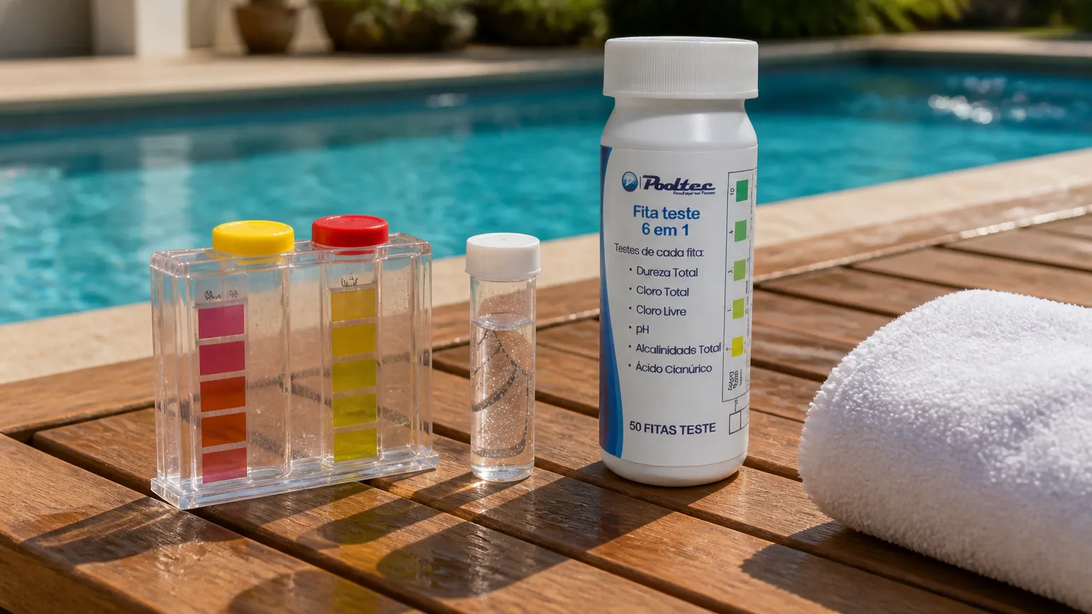 Diagnóstico de água da piscina turva com kit de teste e produto na bancada externa.