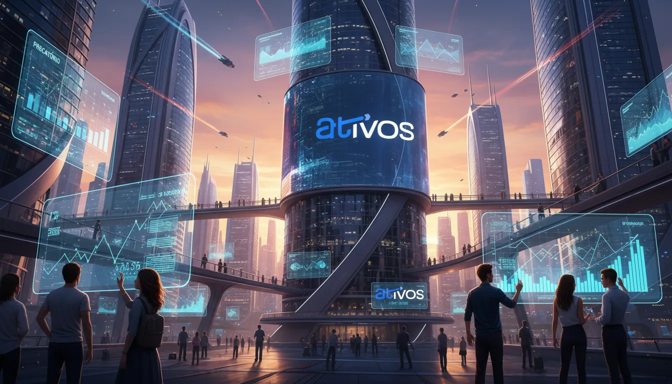 Cidade futurista com displays holográficos exibindo valores de precatórios sob a nova ec 136.