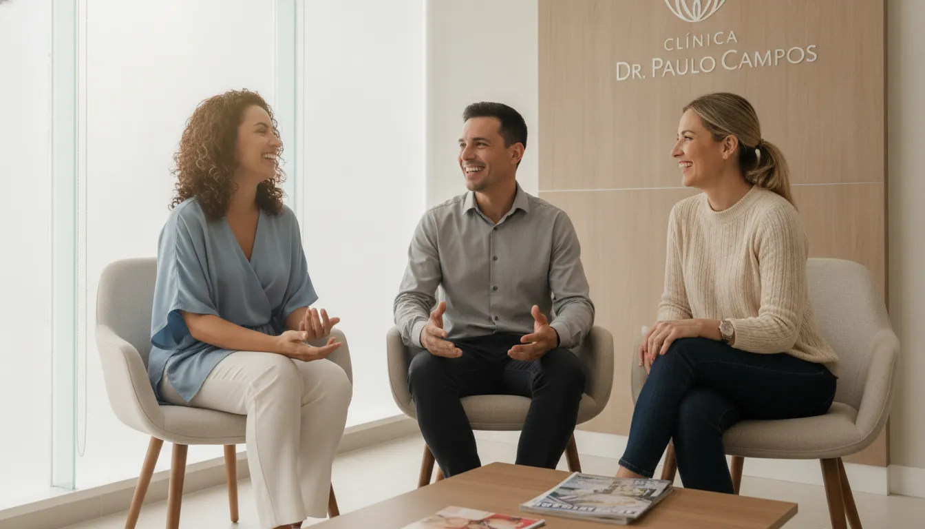 Grupo de pacientes pós-bariátrica conversando, simbolizando apoio e sucesso das cirurgias reparadoras.