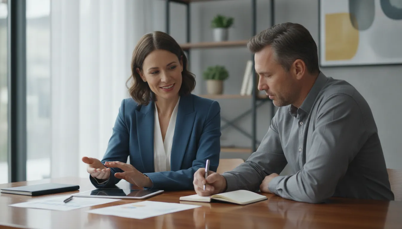 Consultor financeiro explica proteção veicular confiável cliente, oferecendo orientação personalizada e segura.